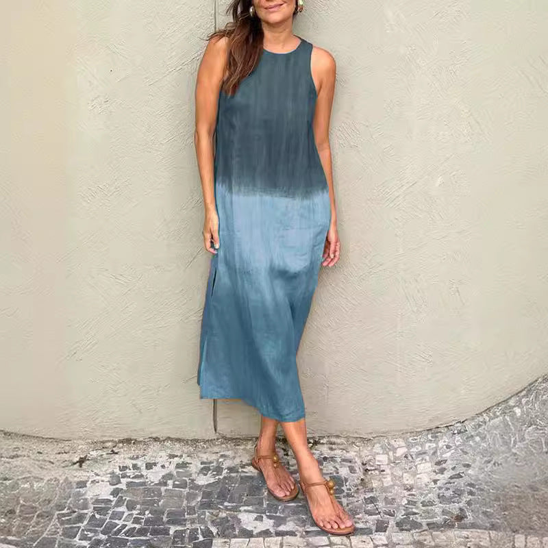 Summer Fashion Round Neck Sleeveless Color Matching Tencel Dress