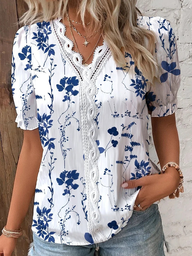 Summer V-neck Lace Stitching Printing Shirt For Women Main Image