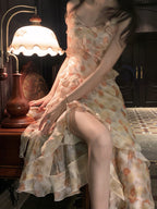Women's Irregular Cinched Chiffon Floral Strap Dress