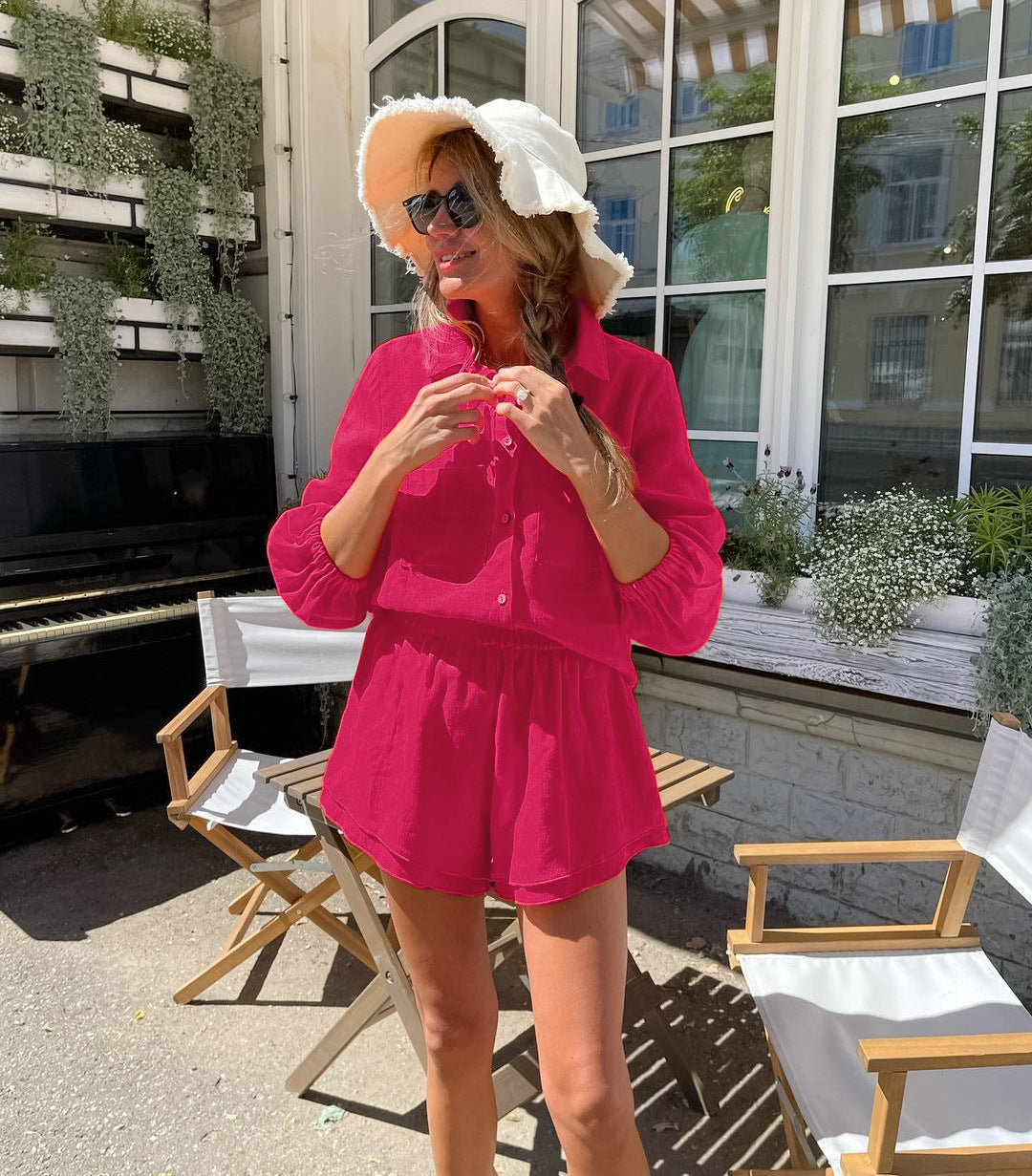 European And American Cotton And Linen White Suit Women's Spring And Summer Long Sleeves Shorts Two-piece Set