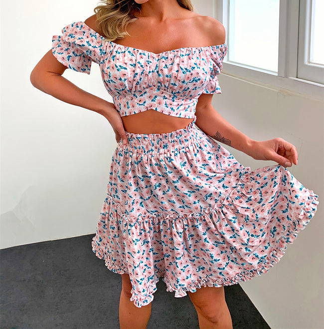 Floral Skirt Two-piece Set Off-the-shoulder Sleeves Mini Skirt Suit Hover Image