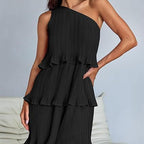 Casual Women's One Off-Shoulder Layered Stitching Hem Dress Simple Solid Color Dress Summer Street High Waist Comfortable Dresses