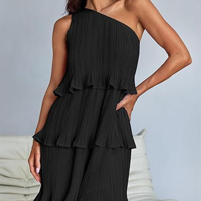 Casual Women's One Off-Shoulder Layered Stitching Hem Dress Simple Solid Color Dress Summer Street High Waist Comfortable Dresses Main Image