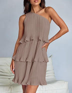 Casual Women's One Off-Shoulder Layered Stitching Hem Dress Simple Solid Color Dress Summer Street High Waist Comfortable Dresses