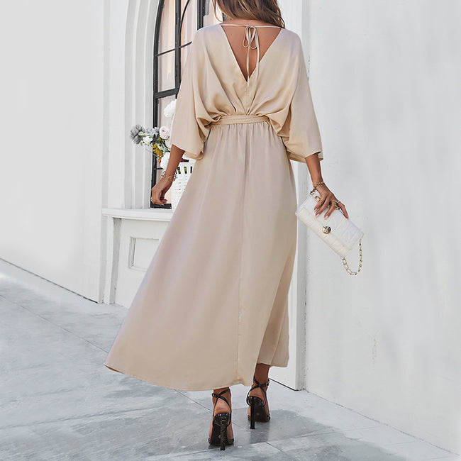 Fashion Bat Sleeve Long-sleeved V-neck Dress With Split Design Temperament Loose High Waist Lace-up Long Dresses Women Clothing Main Image