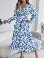 Women's Elegant Floral Cross V-Neck Waist-Defined Hem Ruffle Maxi Dress