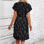Women's Full Print Slotted Neckline Batwing Sleeve Belt Dress
