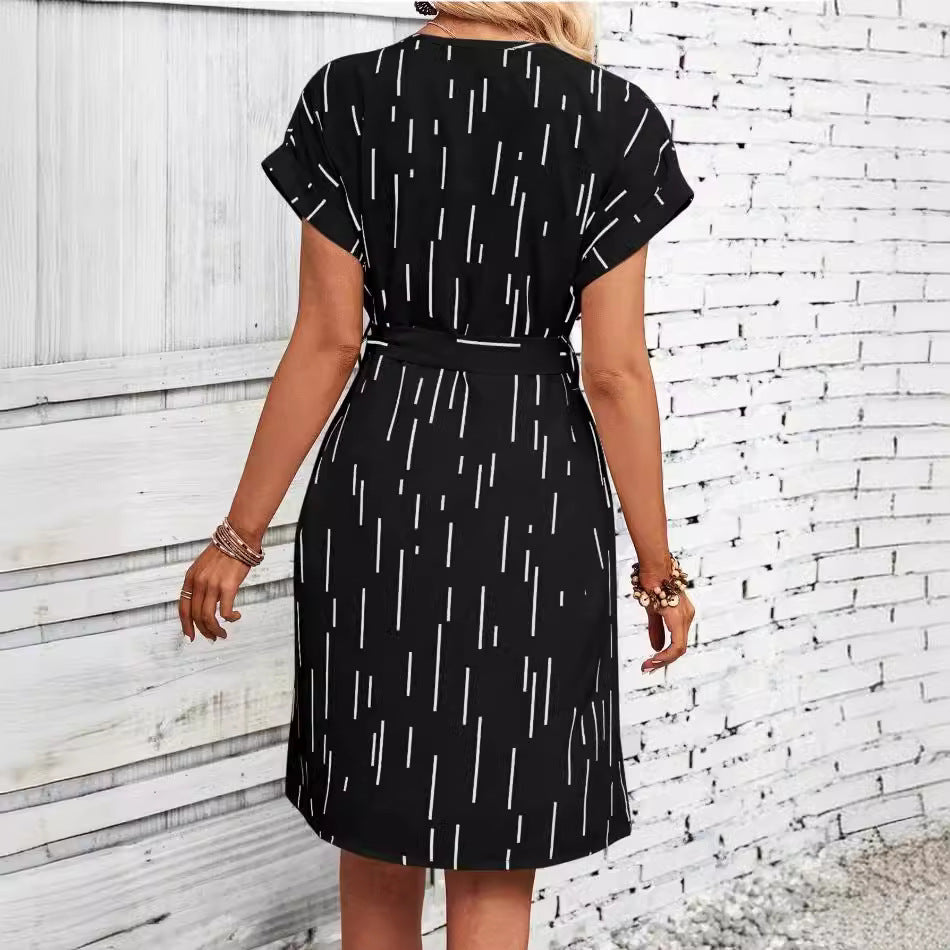 Women's Full Print Slotted Neckline Batwing Sleeve Belt Dress