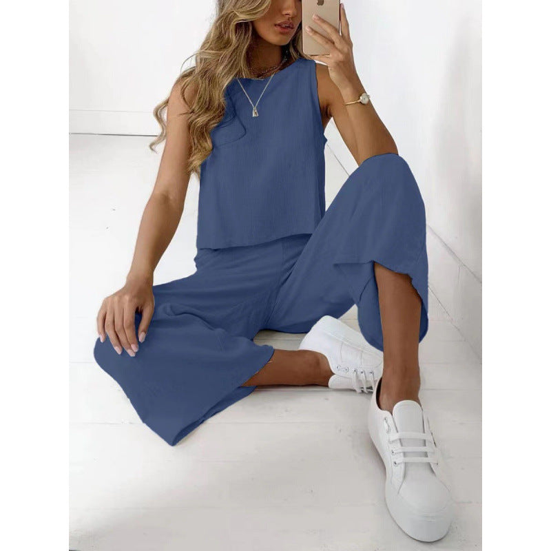 Cotton And Linen Suit Women's Sleeveless Shirt Cropped Wide-leg Pants Two Piece Set