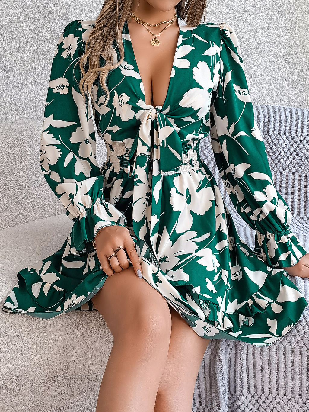 Women's Floral Long Sleeve Scalloped Hem A-Line Dress
