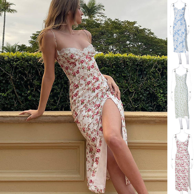 Lace Flowers Print Long Dress Sexy Fashion Slit Suspender Dress Summer Womens Clothing Hover Image