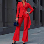 One Button Waist Cinched Belted Flared Pants Suit Set