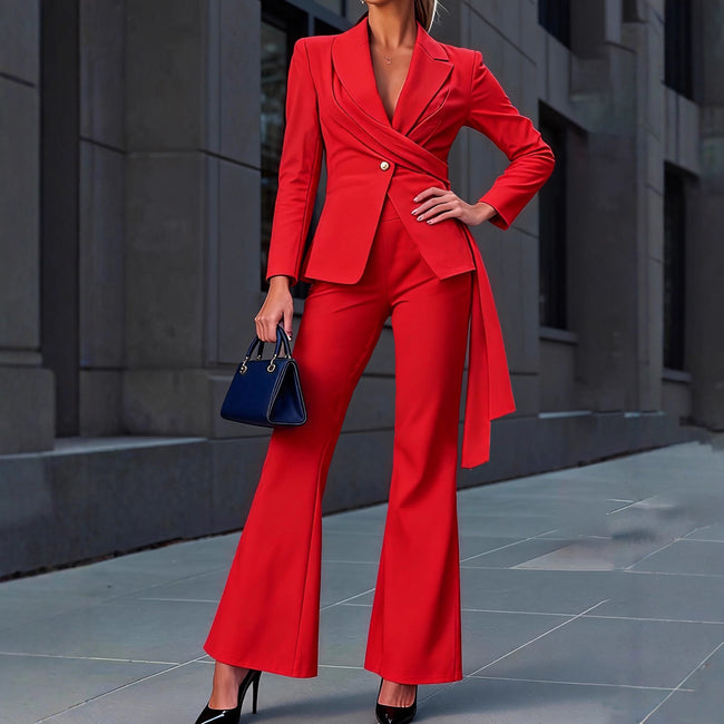 One Button Waist Cinched Belted Flared Pants Suit Set Hover Image