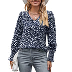 Loose Printed Long Sleeve V-neck Chiffon Shirt For Women