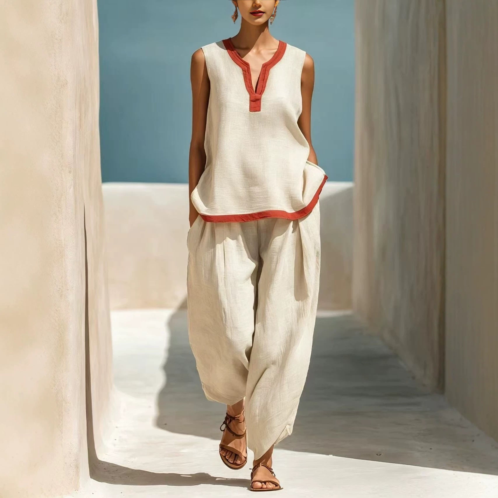 Summer Contrast-Colored Wide-Leg Pants Suit Womens Cotton-Linen Fashionable Two-Piece Set