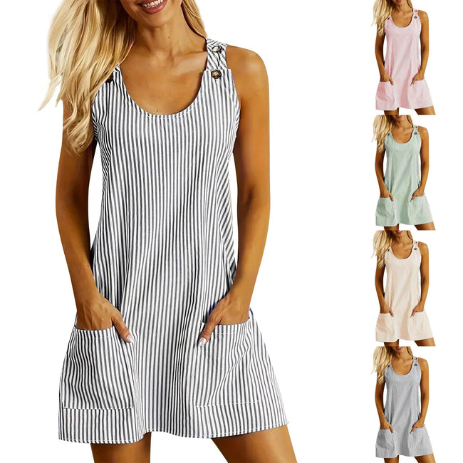 Summer Fashion Striped Patchwork Commuting U-Neck Sleeveless Pockets Back Button Casual Straight Slimming Mini Dress For Women Hover Image