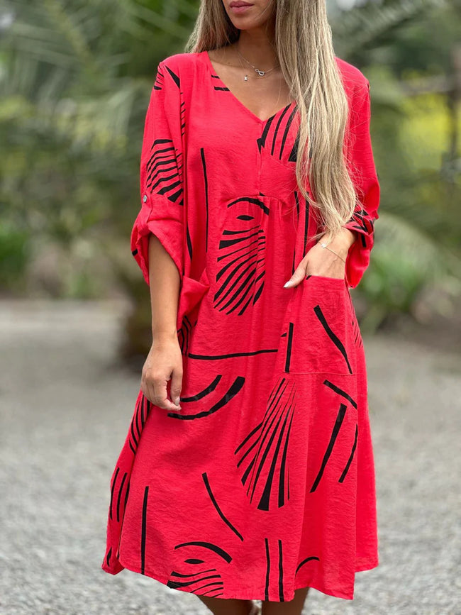 Fashion Printed V Neck Long Sleeve Dress Casual Loose Straight Dress Women's Clothing Main Image