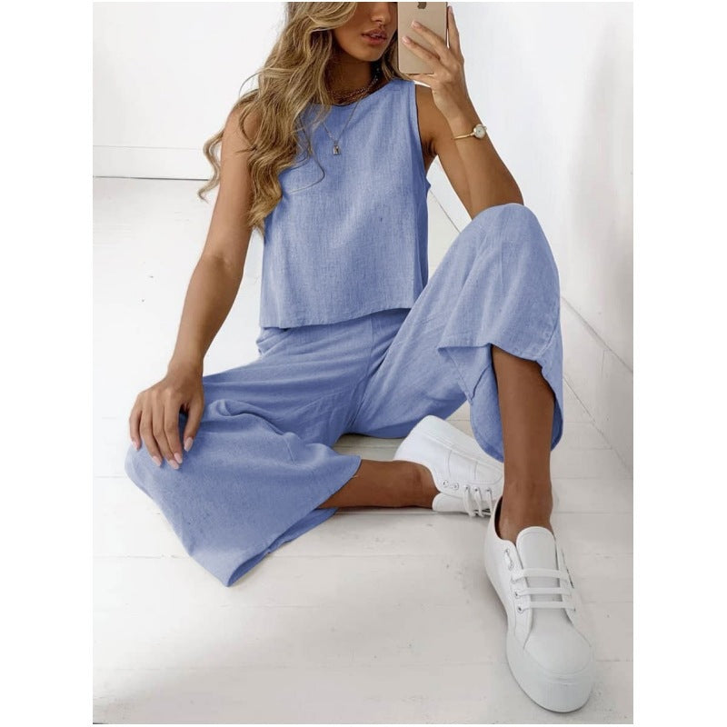 Cotton And Linen Suit Women's Sleeveless Shirt Cropped Wide-leg Pants Two Piece Set