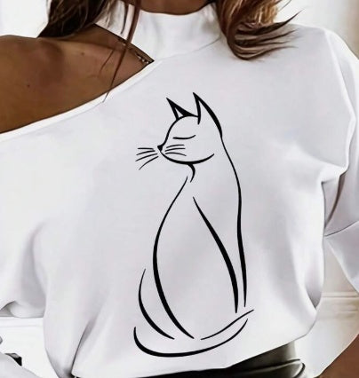 Women's White Long Sleeve T-Shirt With Cartoon Line Pattern & Open Shoulder Design Graphic Tees Women Tops For Spring Outfit Hover Image