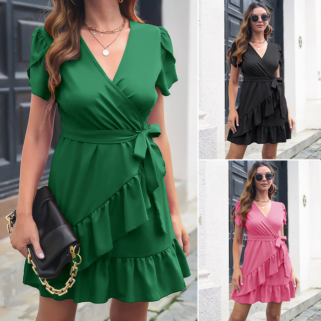 Ruffled Skirt Petal Sleeve V-neck Dress Women Hover Image