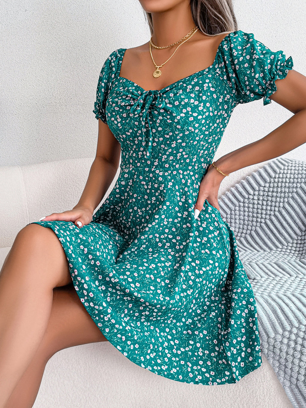Women   Casual Bell Sleeve Drawstring Tie Flowy Floral Print Dress