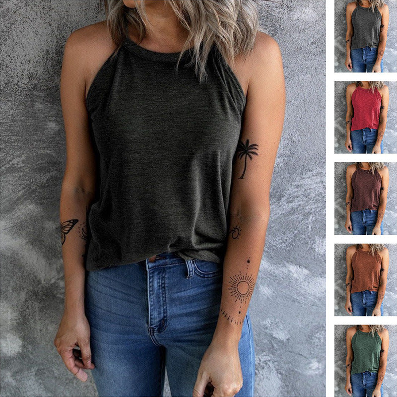 Summer New Solid Color Round Neck Sleeveless Vest For Women