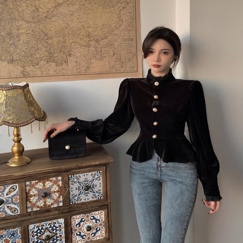 French Royal Style Velvet Lace Shirt For Women