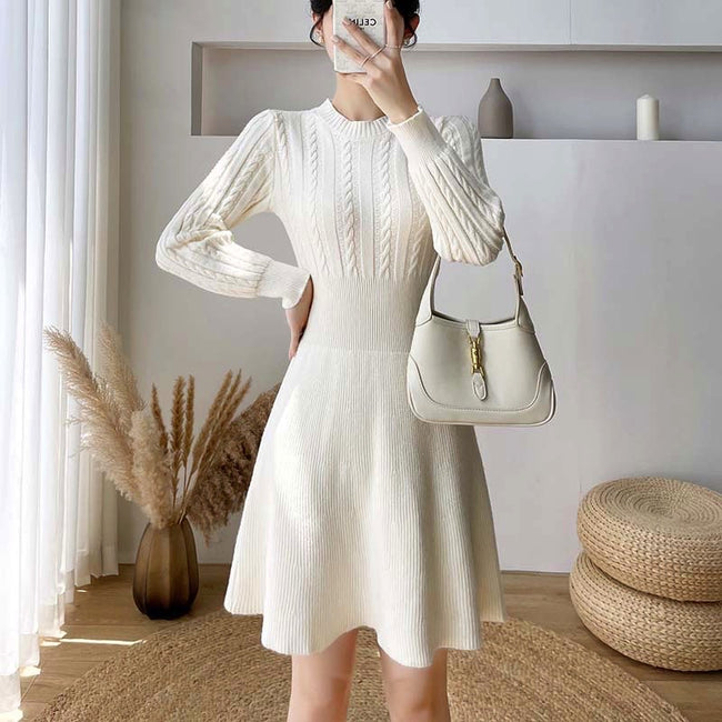 Round Neck Linen Pattern Waist Is Thinner A-line Knit Dress Female Main Image