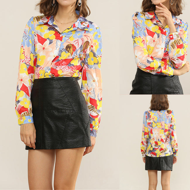 Casual Flower Print Long-sleeved Chiffon Shirt For Women Hover Image