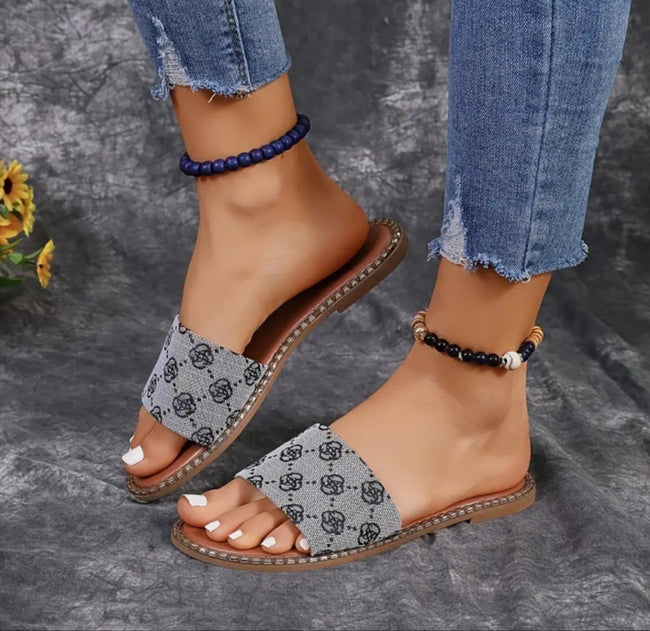 Summer Flower Print Flat Sandals For Women Non-slip Slides Slippers Vacation Casual Beach Shoes Hover Image
