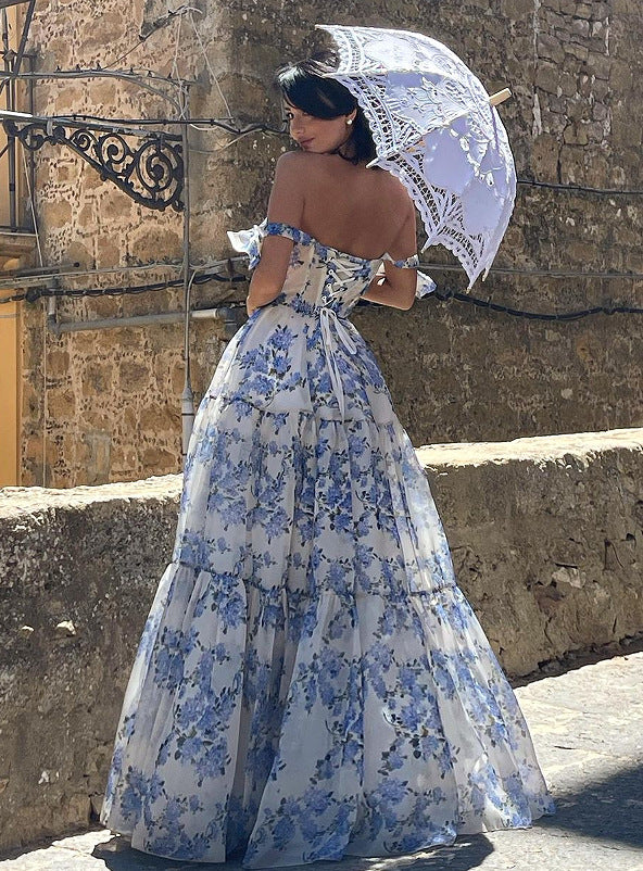 Floral Off-the-shoulder Strap Lace-up Large Swing Skirt Organza Dress Main Image