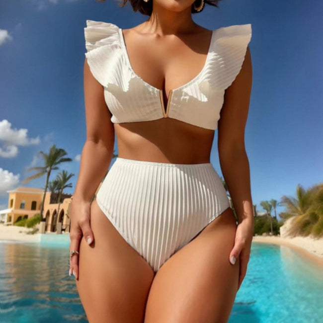 Solid Color Rib Fabric Ruffled Bikini Hover Image