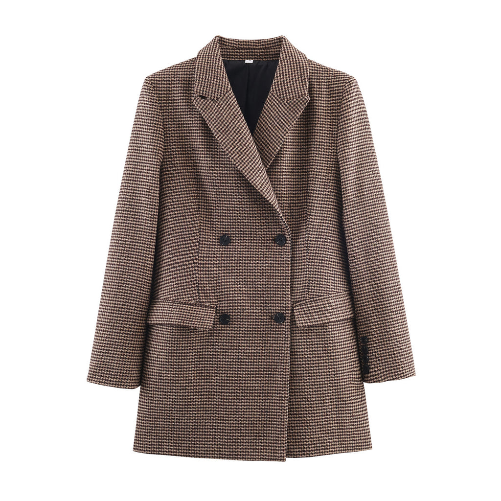 Womens Mid-Length Double-Breasted Houndstooth Blazer