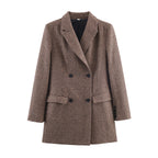 Womens Mid-Length Double-Breasted Houndstooth Blazer