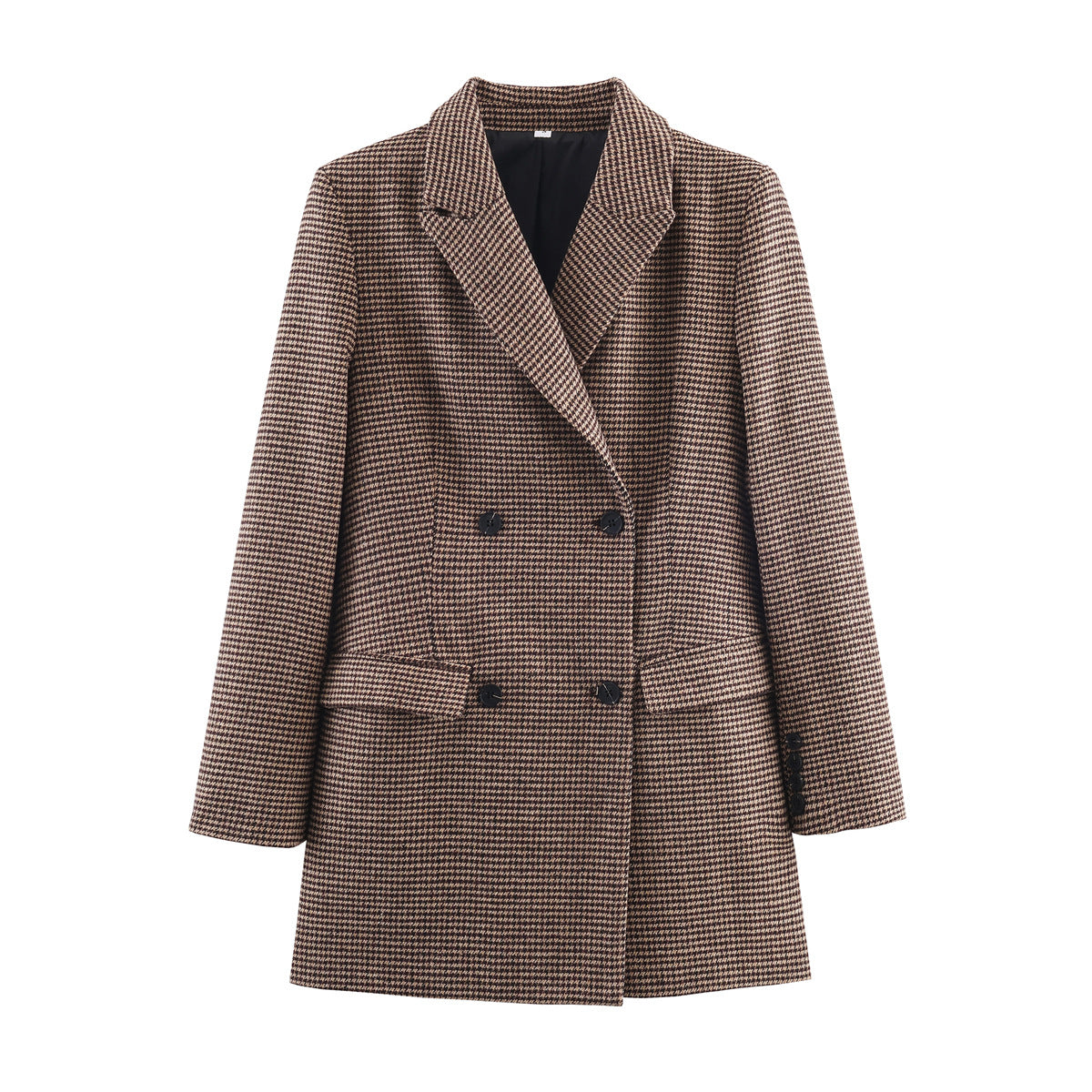 Womens Mid-Length Double-Breasted Houndstooth Blazer