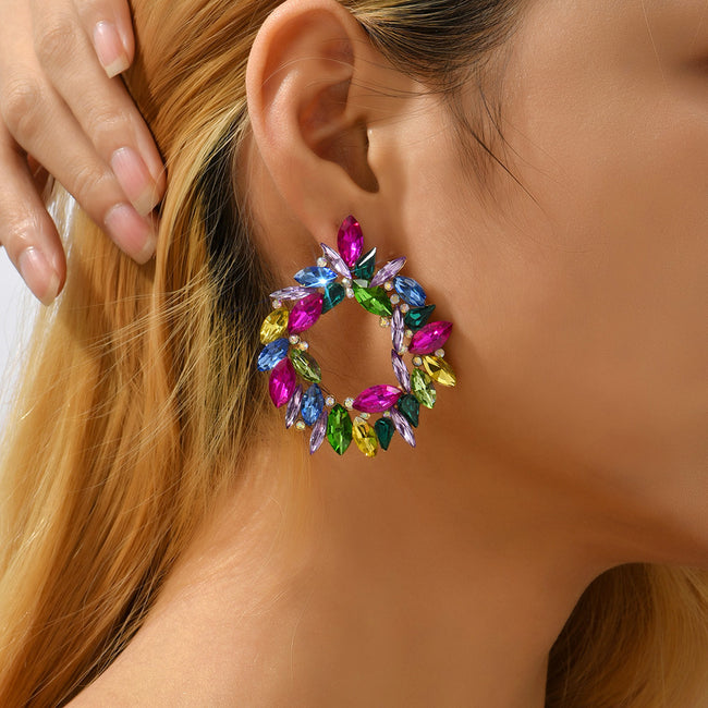 Crystal Wreath Stud Earrings For Women Sparkly Rhinestone Statement Floral Multicolor Jewelry Party Wedding Bridal Prom Hover Image