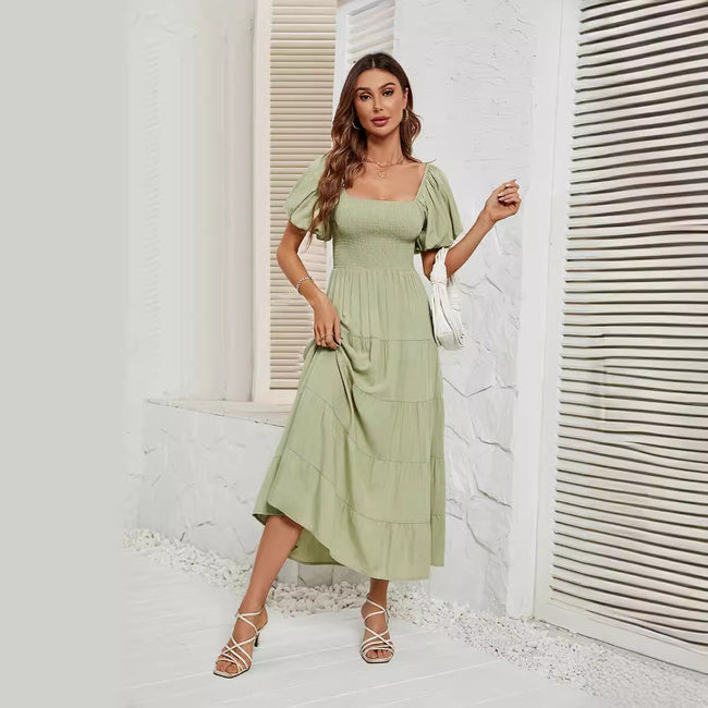 Summer Square Collar Backless Puff Sleeve Dress Women Main Image