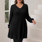 V-neck Pocket Sunken Stripe Brushed Long Sleeve Leisure Dress