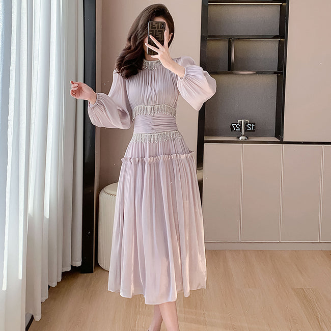 Women's Fashion Tassel Pleated Bright Silk Dress Main Image