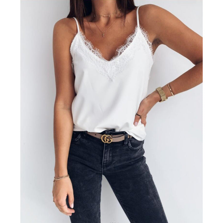 V-neck Lace-trimmed Solid-color Sexy Figure-hugging Womens Camisole