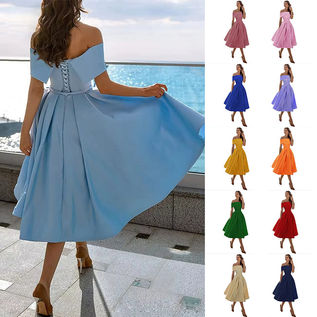 Women's Fashion Casual Strapless Satin Party Dress Off The Shoulder Tea Length Satin Prom Dresses With Pockts Formal Evening Party Dress Hover Image