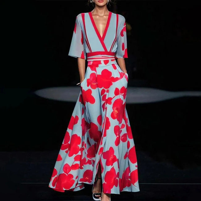Summer V-neck Split Short-sleeved Dress Fashion Flower Print A-line Long Dresses Party Club Beach Clothing For Women Hover Image