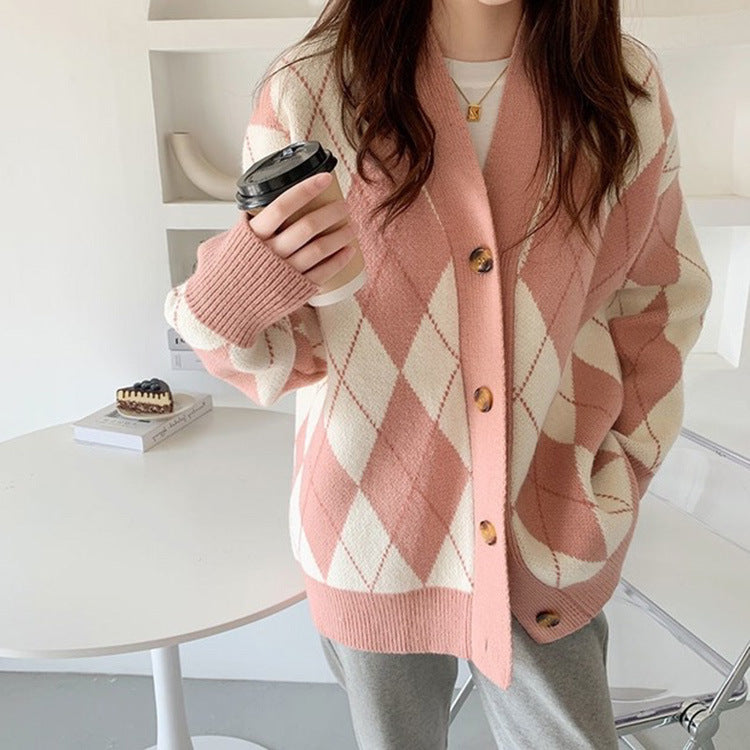 Diamond Contrast Color Cardigan Sweater Women