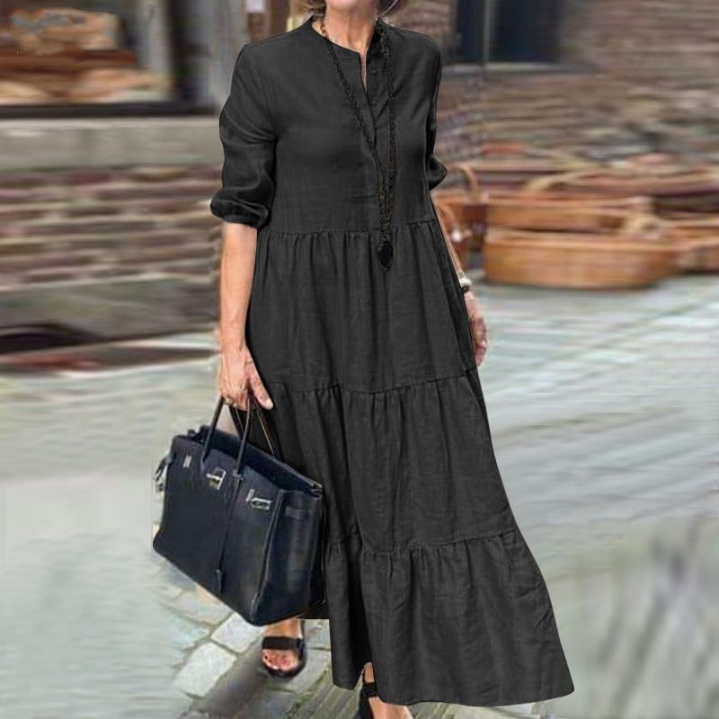 Women's Solid Color Wide Hem Casual Loose Lapel Cotton Linen Long Dress