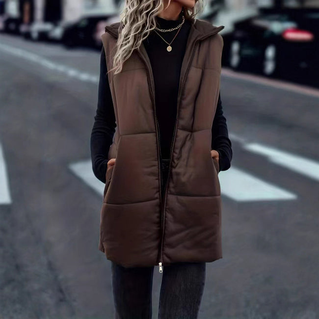 European And American Autumn And Winter Vest Fashion Solid Color Zipper Hooded Main Image