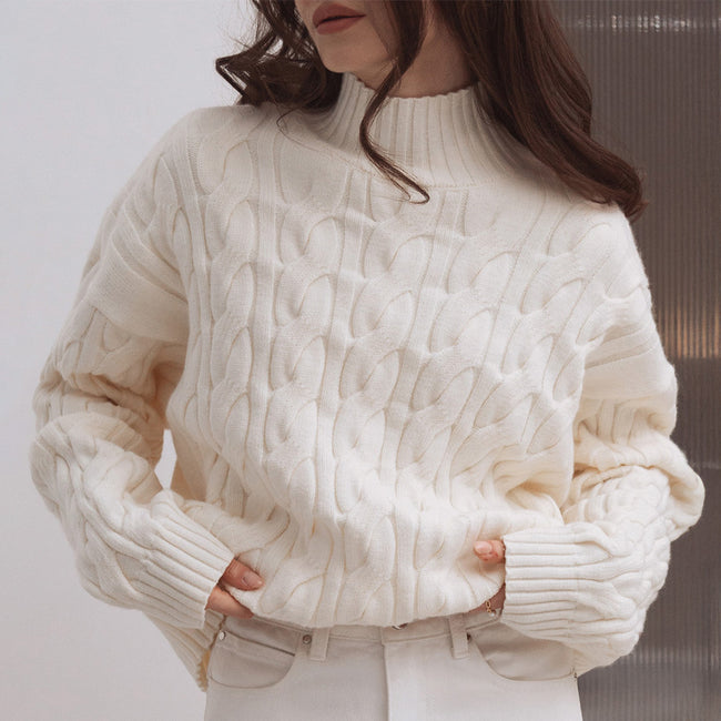 Mock Neck Cable-knit Sweater Loose Pullover Women Main Image
