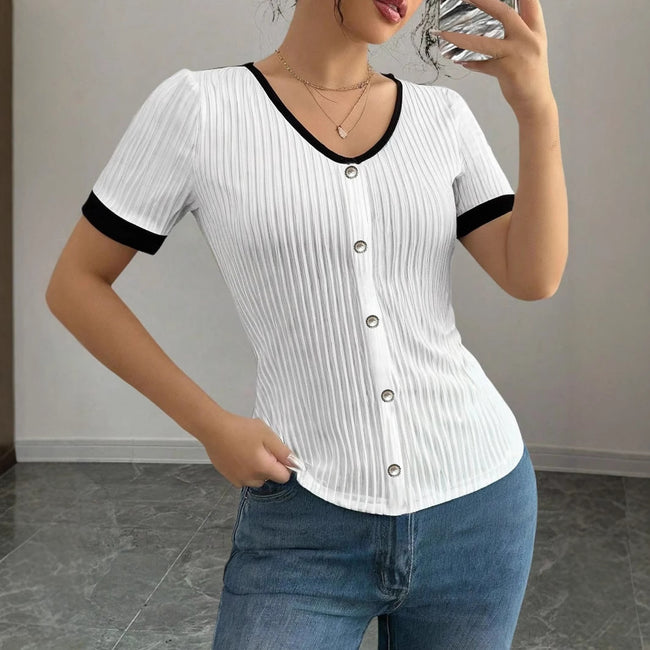 Slim-fit Knit Womens Clothing Contrast-color Womens Short Sleeves Hover Image