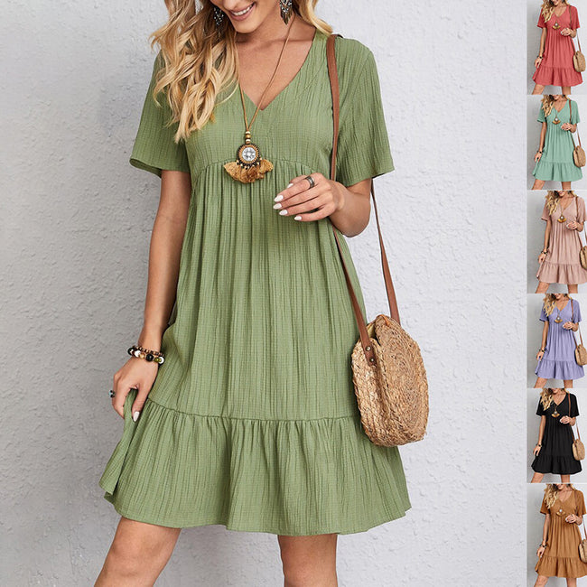 V-neck Short Sleeve Dress Summer Fashion Casual Loose Ruffled Dresses Beach Clothing Women Hover Image