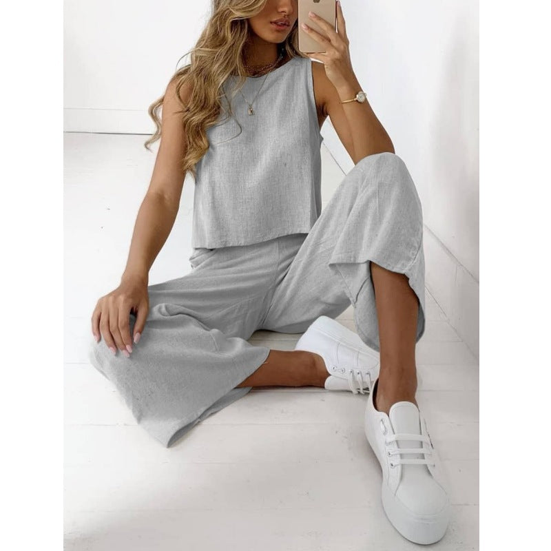 Cotton And Linen Suit Women's Sleeveless Shirt Cropped Wide-leg Pants Two Piece Set