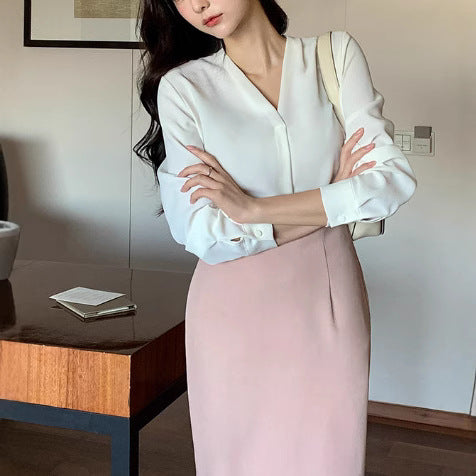 V-neck Long Sleeve Loose Korean Style Summer Business Chiffon Blouse Women